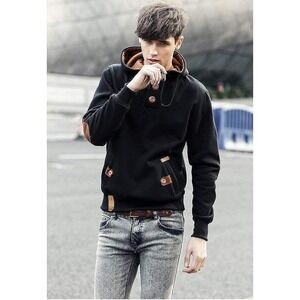 Mens Hoodie Button Henley Pullover Slim Black Elbow Patch Fleece S